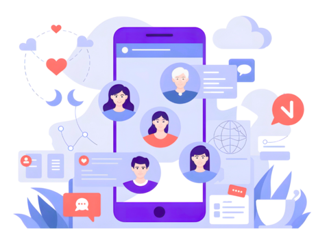 Engage your audience with mobile social networking app visuals, showing global communication and connection through diverse user profiles and interaction