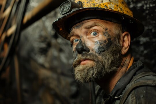 Coal miner working in a dark coal mine tunnel shaft