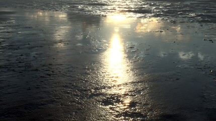 Golden Sunlight Reflecting on Wet Sand Beach Seascape at Low Tide