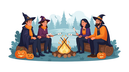 Halloween Gathering: A group of people gather around a bonfire, roasting marshmallows. Pumpkin, witch hat and tree decorated make an illustration scene.