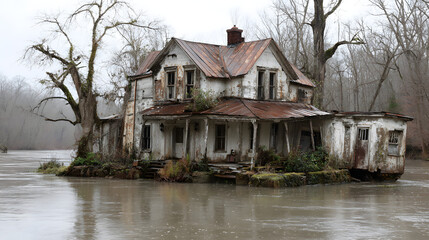 Obraz premium Rusted Abandoned House Submerged In Floodwater