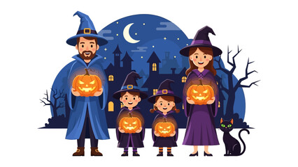 Happy Halloween Family: An endearing cartoon portrayal of a family of witches, their expressions radiating joy as they clutch illuminated pumpkin lanterns under a mesmerizing night sky.
