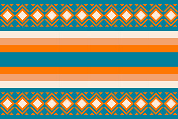 Colorful geometric ethnic seamless pattern with traditional tribal ornaments in orange, teal, and white. Perfect for textile design, fabric prints, wallpapers, and decorative backgrounds.