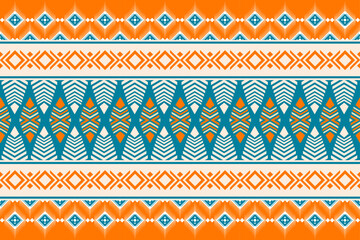 Colorful geometric ethnic seamless pattern with traditional tribal ornaments in orange, teal, and white. Perfect for textile design, fabric prints, wallpapers, and decorative backgrounds.