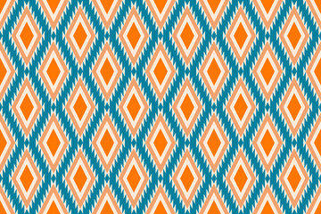 Colorful geometric ethnic seamless pattern with traditional tribal ornaments in orange, teal, and white. Perfect for textile design, fabric prints, wallpapers, and decorative backgrounds.