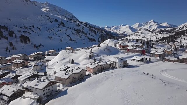 Aerial view of Obertauern ski village, Salzburger Land of Austria.