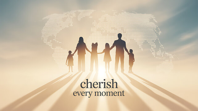 Silhouette of a family walking together toward a glowing horizon with a world map in the background, symbolizing unity and global connection.