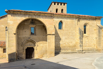 Church of San Pedro in Santa Gadea del Cid, Burgos, Spain. A medieval Romanesque-Gothic temple dating back to the 13th century, declared a cultural heritage site. High quality photography