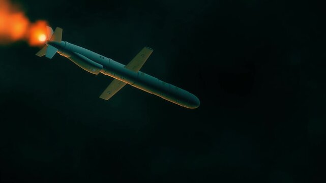 A combat rocket is flying in a dark night sky, smoke and fire from the rocket. Concept: missile attack.