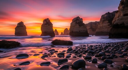 Vibrant Sunset Over Ocean Rock Formations.