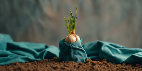 Growing onion sprout in fabric with soil background and soft lighting.