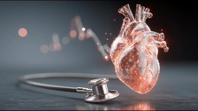 Anatomy of Heart: A detailed, illuminated visualization of the human heart, with an attached stethoscope, creating a compelling image that delves into the intricacies of human anatomy.