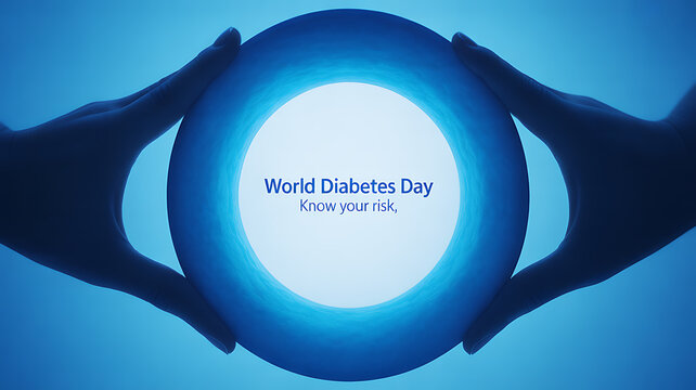 World Diabetes Day awareness campaign with hands holding a glowing circle symbolizing health and prevention