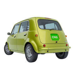 Retro lime green compact car with CNG fuel label on black background automobile vehicle