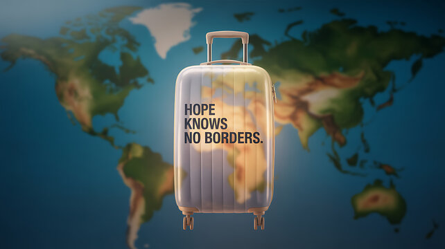 A suitcase with the text 'Hope Knows No Borders' displayed against a world map background.