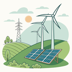 Green energy landscape with wind turbines and solar panels on rolling hills under a sunny sky
