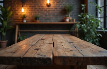 Rustic wooden table in loft setting. Brown wood texture surface design. Empty table top view. Blurred background. Loft interior with plants, brick wall and warm light.