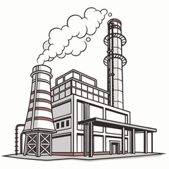 Obraz premium Industrial factory with tall smokestacks emitting white smoke against a white background a stylized illustration
