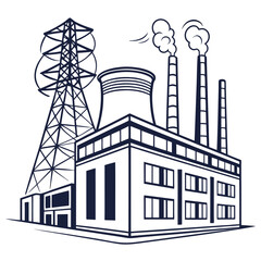 Fototapeta premium Industrial power plant with cooling tower and electricity pylon emitting steam from smokestacks