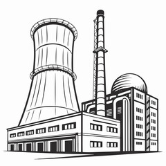 Obraz premium Industrial power plant with cooling tower and smokestack against a white background in a stylized black and white illustration