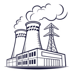 Industrial power plant with cooling towers emitting steam and a high voltage electricity pylon in the background
