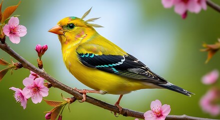 Vibrant Yellow Bird Perched on a Branch with Pink Cherry Blossoms.