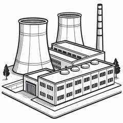 Isometric illustration of a modern industrial power plant with cooling towers and a tall smokestack against a white background