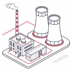 Isometric illustration of a power plant with cooling towers and a smoking chimney emitting white clouds