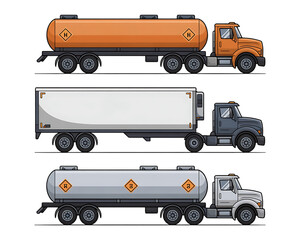 Three Different Types of Trucks with Trailers Including Tanker and Box Trucks transportation