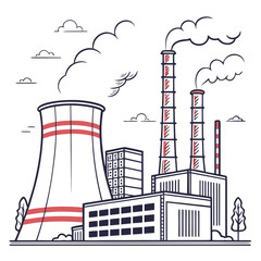Stylized illustration of a power plant with a cooling tower and smokestacks emitting smoke against a white background
