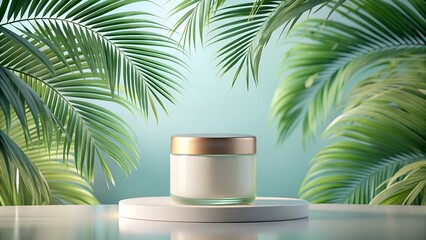 Obraz premium Cosmetic cream jar on podium with palm leaves