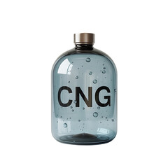 Transparent bottle filled with blue liquid and bubbles labeled CNG on a black background container