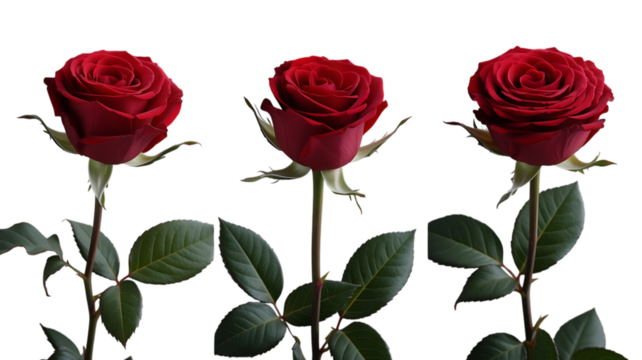 Three Red Roses with Green Leaves on Black Background exquisite
