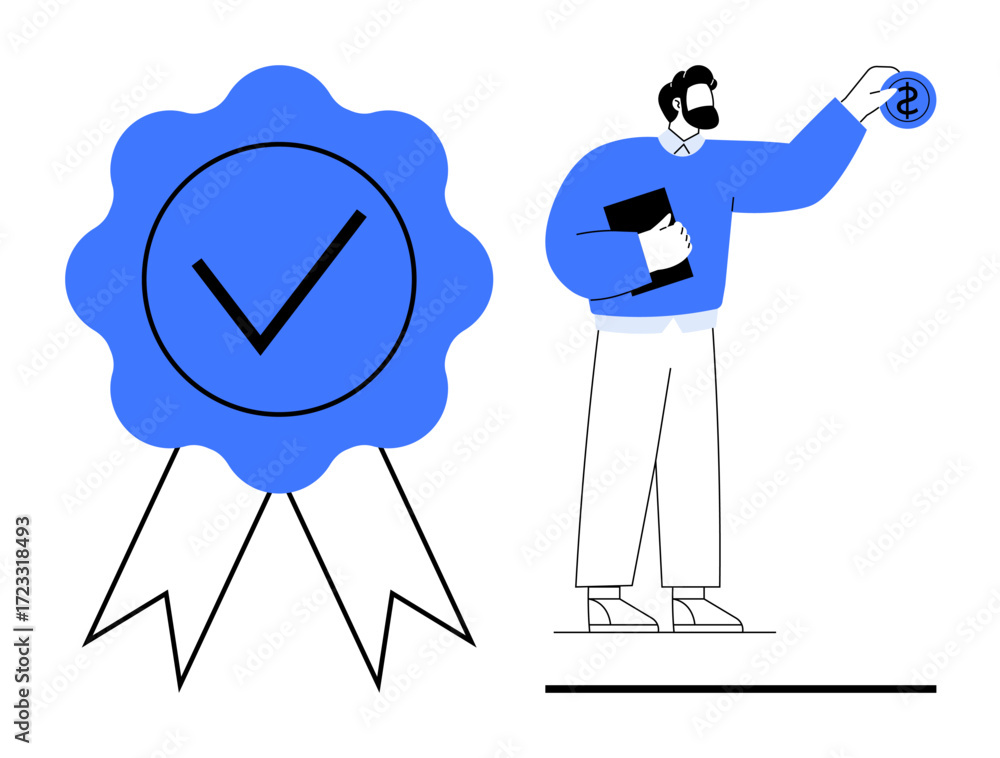 Poster blue badge with check mark alongside a man holding a file and presenting a dollar element. ideal for