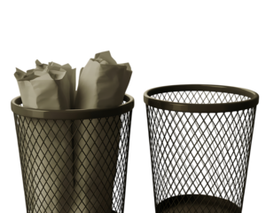 Two Wire Mesh Trash Cans One Filled with Crumpled Paper Keywords: trash can, waste bin, garbage can, bin, office, desk, crumpled paper, waste, rubbish