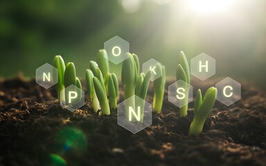 Green sprouts emerging from soil with elemental symbols agriculture botany