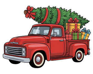 Vintage Red Pickup Truck Carrying a Christmas Tree and Gifts on Black Background classic