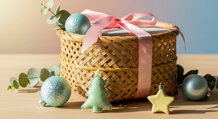 Natural eco-friendly woven basket with gift box and Christmas ornaments, decorated with a soft pink ribbon, minimal and festive style