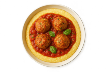 Savory meatballs with creamy polenta and rich tomato sauce isolated on transparent background