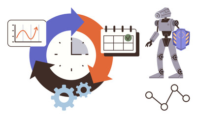 Circular arrows surrounding a clock, robot holding shield, calendar, and analytics chart. Ideal for automation, workflow efficiency, robotics, AI, time management business strategy simple flat
