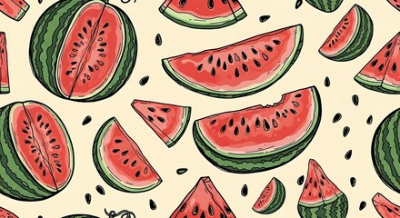 Watermelon slices and whole fruit seamless pattern illustration.