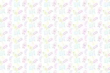 A seamless pattern of colorful doodles featuring a boy, a girl, a ruler, an apple, a pencil, and a notebook.