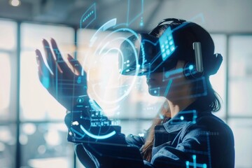 Software engineer wearing vr headset interacting with holographic interface in augmented reality simulation