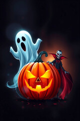 A creative light art vector illustration of a Halloween pumpkin, ghost, and Dracula, emphasizing artistic lighting