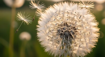 White Dandelion Seeds Head Blowing in Wind.