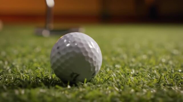 Golf ball near putter on indoor putting green