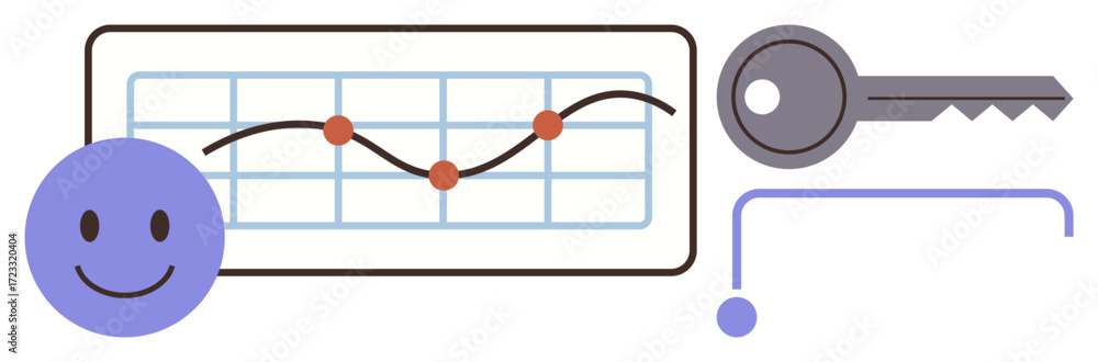 Poster smiling face, line graph with data points, key, and bracket suggest data analysis, insights, securit