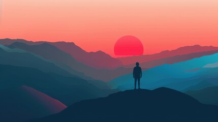 Obraz premium Sunrise/Sunset Mountain Landscapes: Orange/Red Skies, Snowy Valleys & Foggy Hill Silhouettes