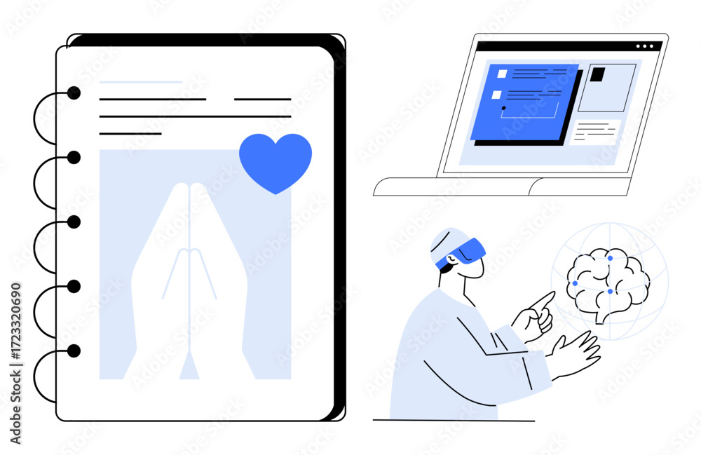 Poster prayer gesture notebook, laptop with software interface, and person using virtual reality interactin