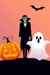 Halloween background with a vampire, ghost and pumpkin. Vector illustration.